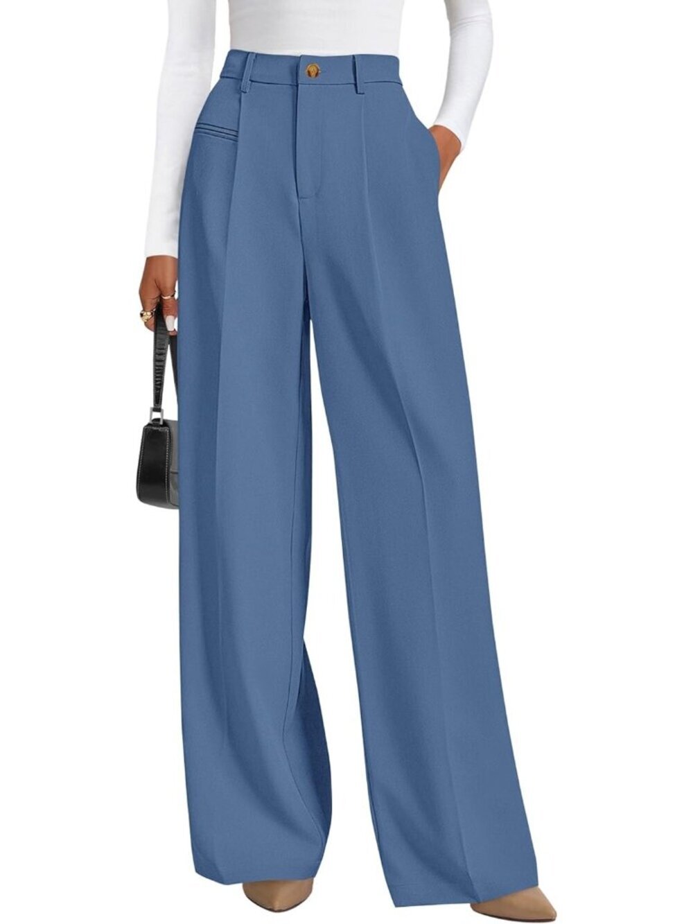 Women's Grey Blue Business Casual Flowy Work High Waisted Wide Leg Dress Pants